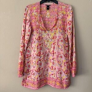 Lucky Brand Ethnic Floral Printed Cotton LIghtweight Embroidered Tunic Size S